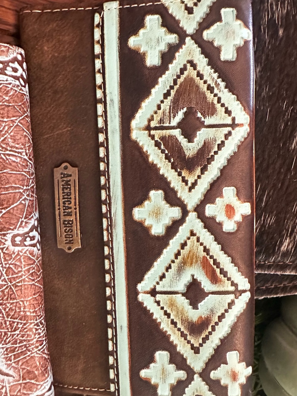 American Bison Brown Leather Wallet with Turquoise Embossed Pattern